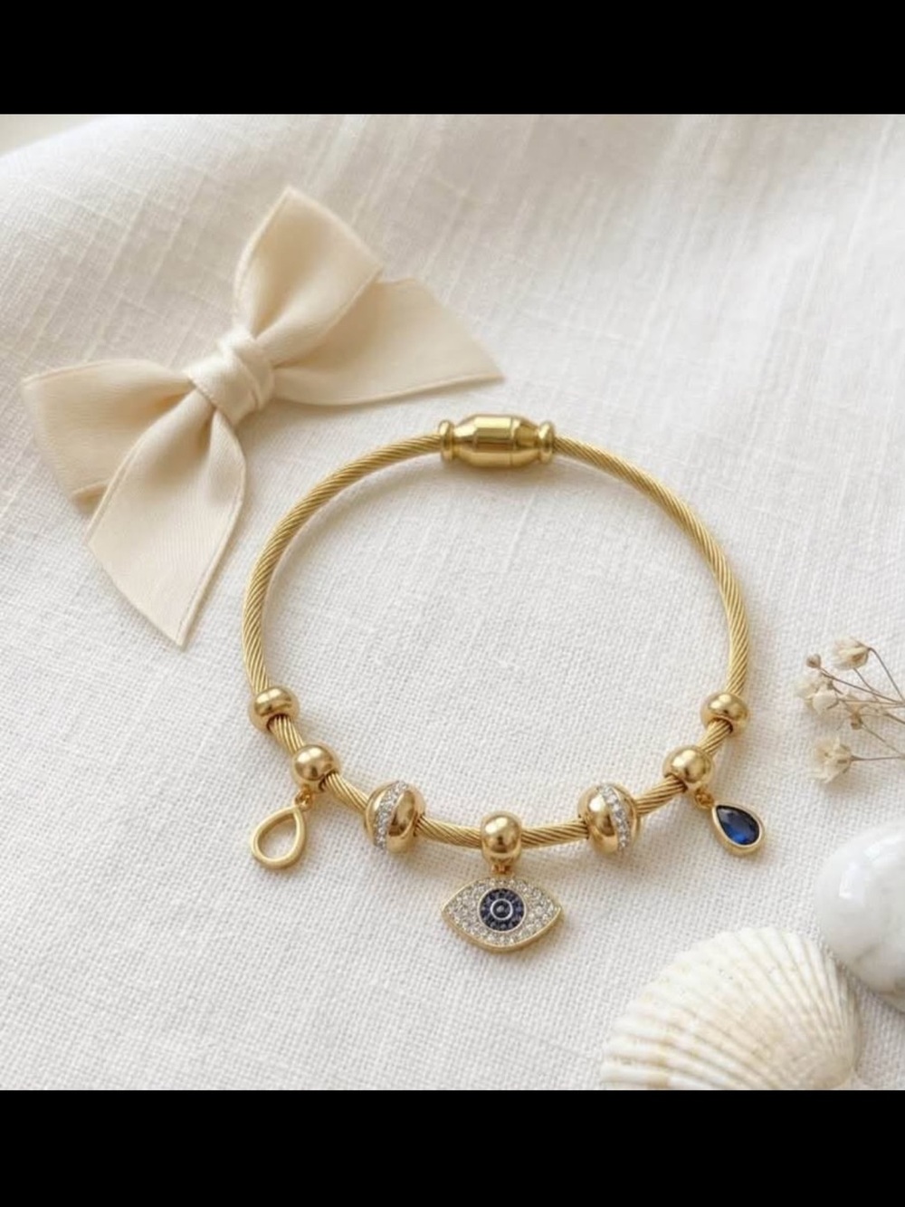Gold Charm Evil Eye Cable Bangle Bracelet - Women Jewelry